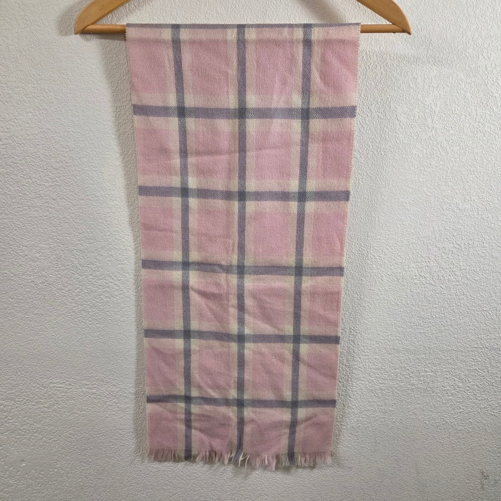 Pink Plaid Fringed Winter Scarf Gray Cream Check Rectangle 11x51 Inch